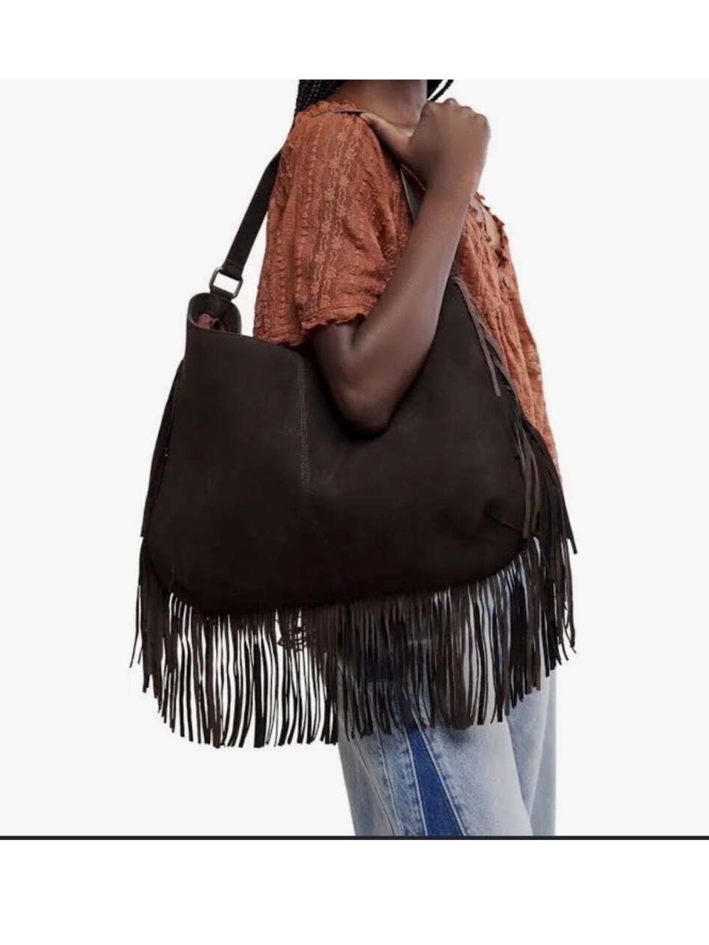 Free People Finn Fringe Shoulder Bag in Espresso NWT